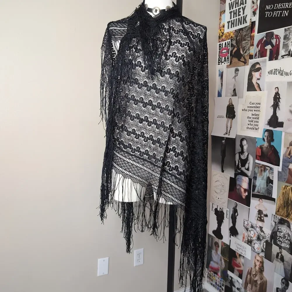 Black Lace Fringe Scarf Shawl Gothic